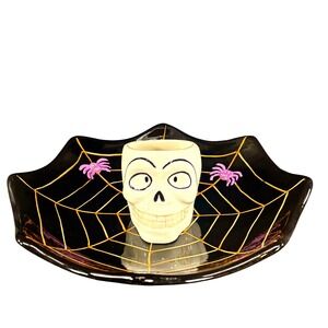 Halloween Skull Chip & Dip Bowl 11" Black w/ Orange Spiderweb Snack Dish 2005‎